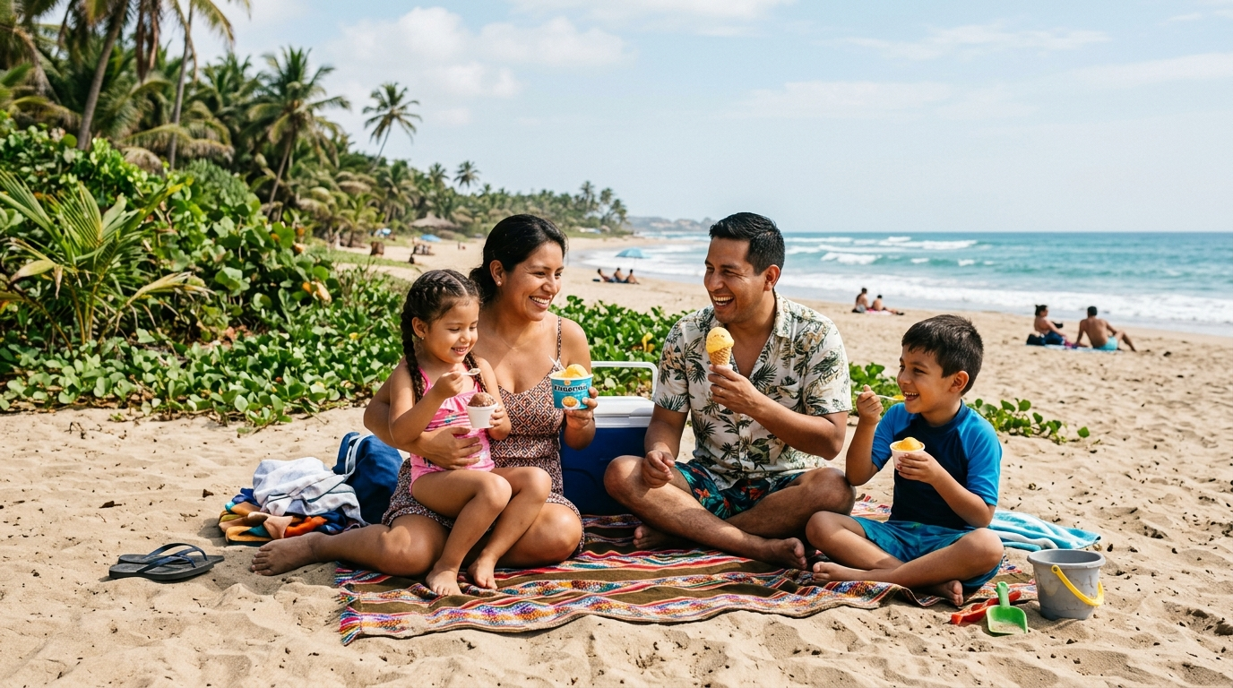 Familia disfrutando helados Piabelo en la playa - Refrescando momentos en Lima, Perú